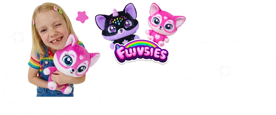 A girl holding a Fluvsies plushy, next to the Fluvsies logo